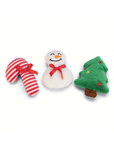 Peluches sucre d'orge, bonhomme de neige et sapin de noël