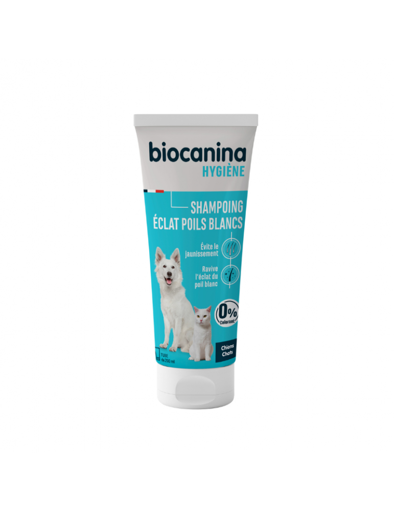 Tube de shampoing biocanina pour animaux au pelage blanc