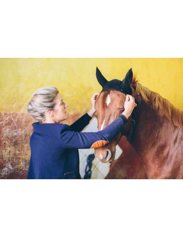 femme qui dresse un bonnet ANTIFLY PROTECT sur son cheval